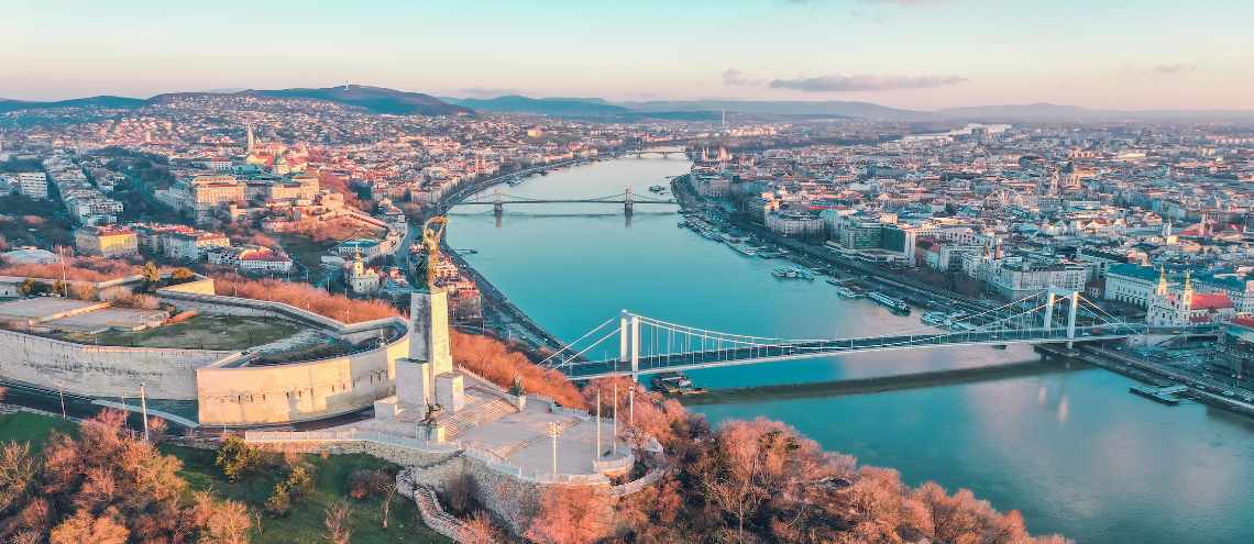 Aerial view of bridge river and buildings in Budapest Hungary