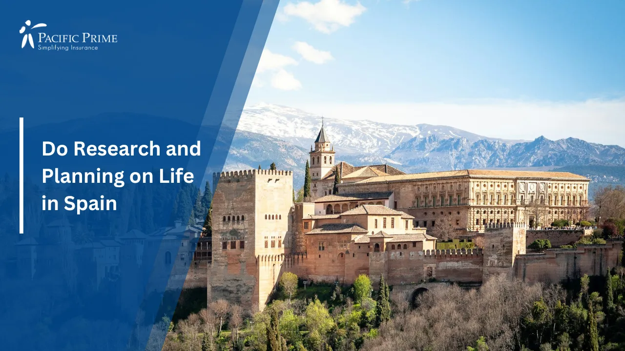 Image of Historic Tall Stone Building With Towers In Toledo, Spain with text overlay of "Do Research and Planning on Life in Spain"