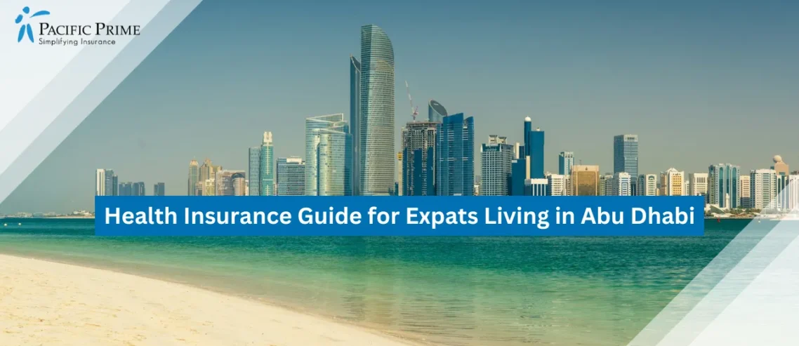 Image of Abu Dhabi Skyline With Modern Skyscrapers Under A Clear Sky with text overlay of "Health Insurance Guide for Expats Living in Abu Dhabi"