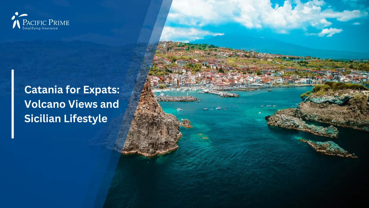 Image of Aci Trezza Coastal Village With Lava Rock Stacks Along The Ionian Sea In Sicily with text overlay of "Catania for Expats: Volcano Views and Sicilian Lifestyle"