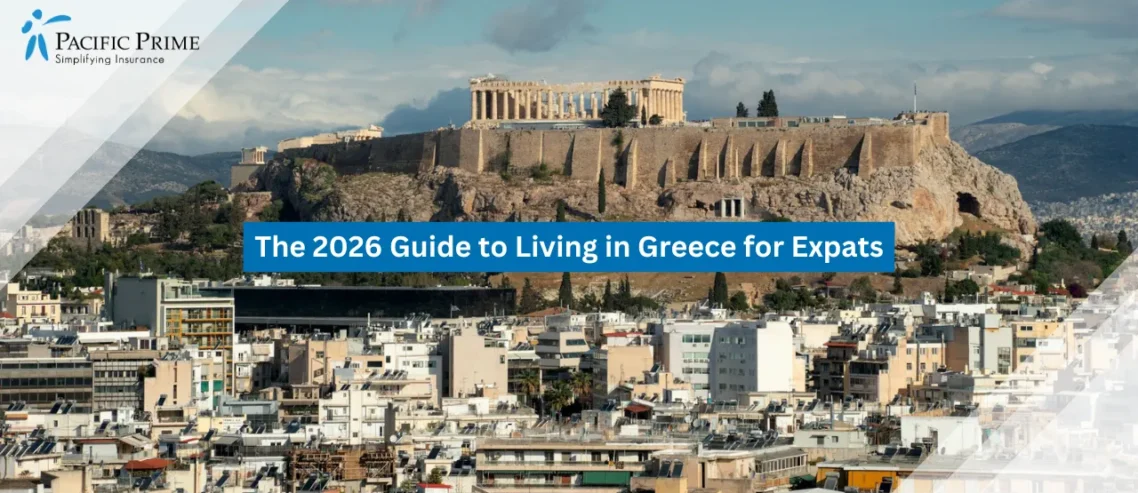 Image of Acropolis Of Athens Overlooking The City Skyline In Greece with text overlay of "The 2026 Guide to Living in Greece for Expats"
