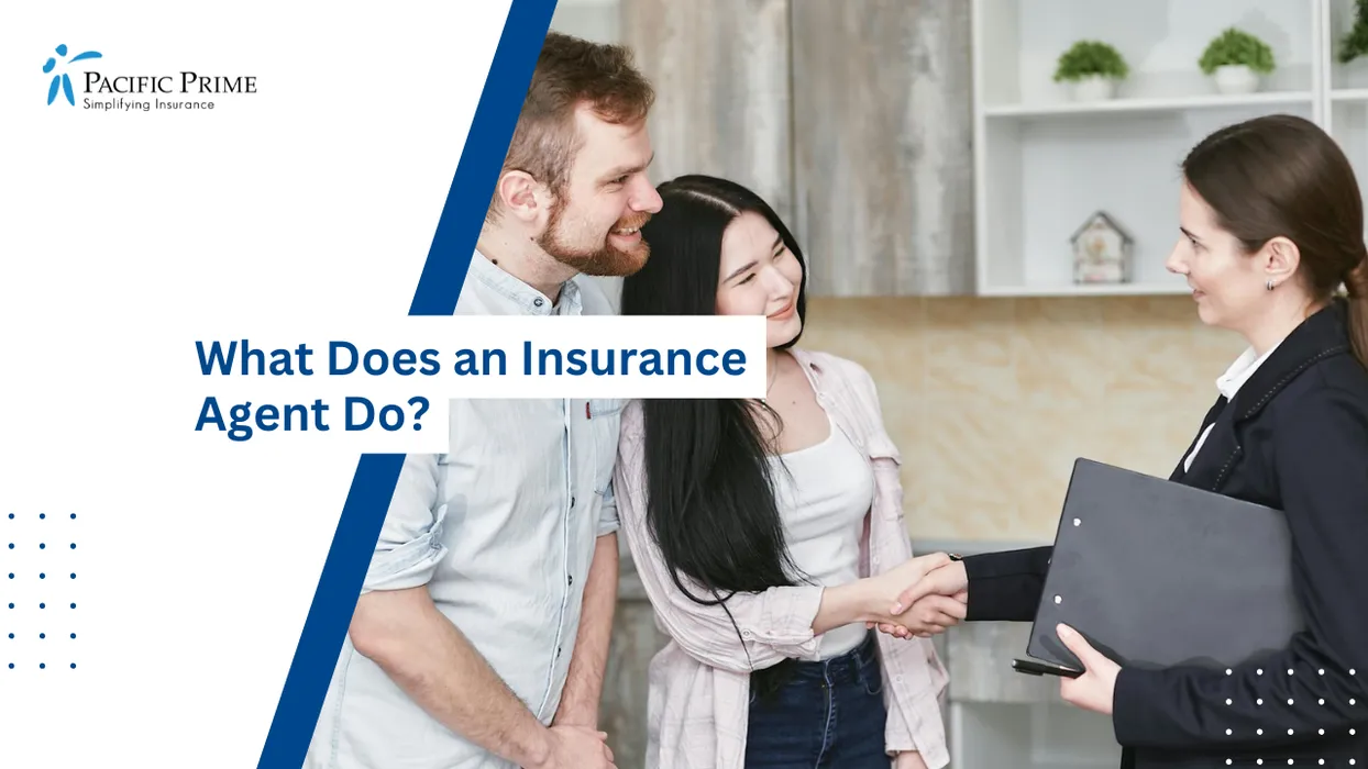 Image of Advisor Discussing Coverage Options With A Couple During An In-person Consultation with text overlay of "What Does an Insurance Agent Do?"
