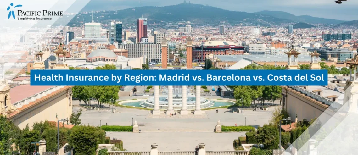 Image of Aerial Barcelona Skyline With Iconic Architecture And Tree-lined Urban Scenery with text overlay of "Health Insurance by Region: Madrid vs. Barcelona vs. Costa del Sol"