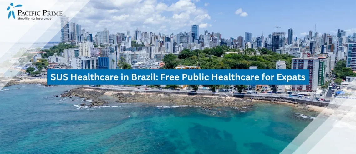 Image of Aerial Coastal Skyline Of Salvador Bahia With Urban Buildings And Oceanfront with text overlay of "SUS Healthcare in Brazil: Free Public Healthcare for Expats"