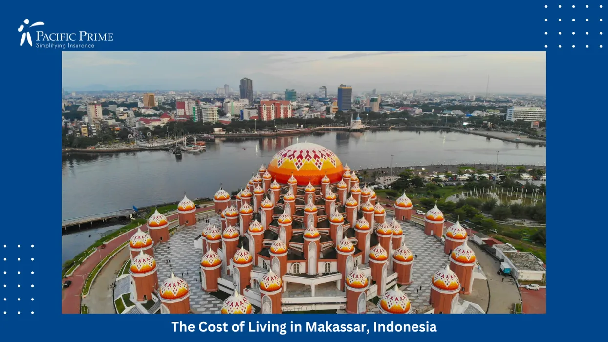 Image of Aerial Of Vibrant Mosque With Striking Orange Dome In Makassar with text overlay of "The Cost of Living in Makassar, Indonesia"