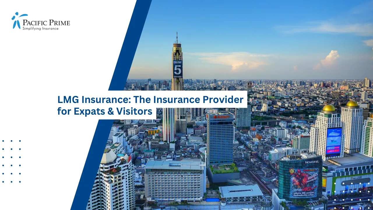 Image of Aerial Panorama Of Bangkok&rsquo;s Densely Packed Urban Landscape with text overlay of "LMG Insurance: The Insurance Provider for Expats & Visitors"