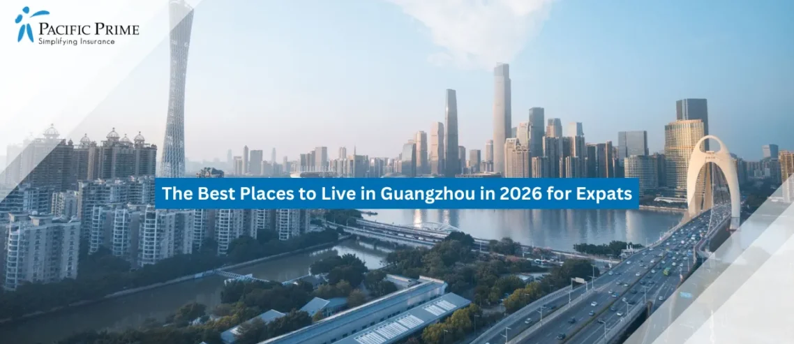 Image of Aerial Panorama Of Guangzhou Skyline And Canton Tower In China with text overlay of "The Best Places to Live in Guangzhou in 2026 for Expats"