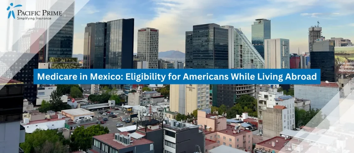 Image of Aerial Panorama Of Mexico City With Dense Neighborhoods And Sprawling Urban Skyline with text overlay of "Medicare in Mexico: Eligibility for Americans While Living Abroad"