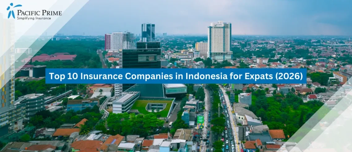 Image of Aerial Skyline Along Margonda Raya Corridor In Depok, West Java With Dense Urban Towers with text overlay of "Top 10 Insurance Companies in Indonesia for Expats (2026)"