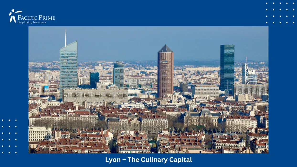 Image of Aerial Skyline Of Lyon Blending Modern Towers With Historic Cityscape with text overlay of "Lyon &ndash; The Culinary Capital"