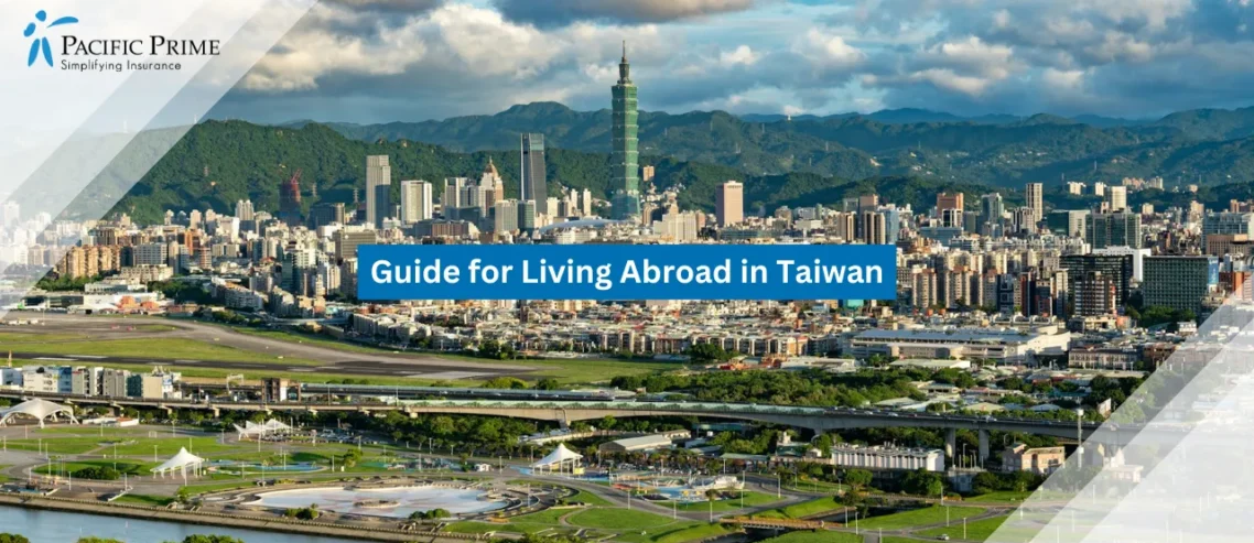 Image of Aerial Skyline Of Taipei City At Sunset with text overlay of "Guide for Living Abroad in Taiwan"