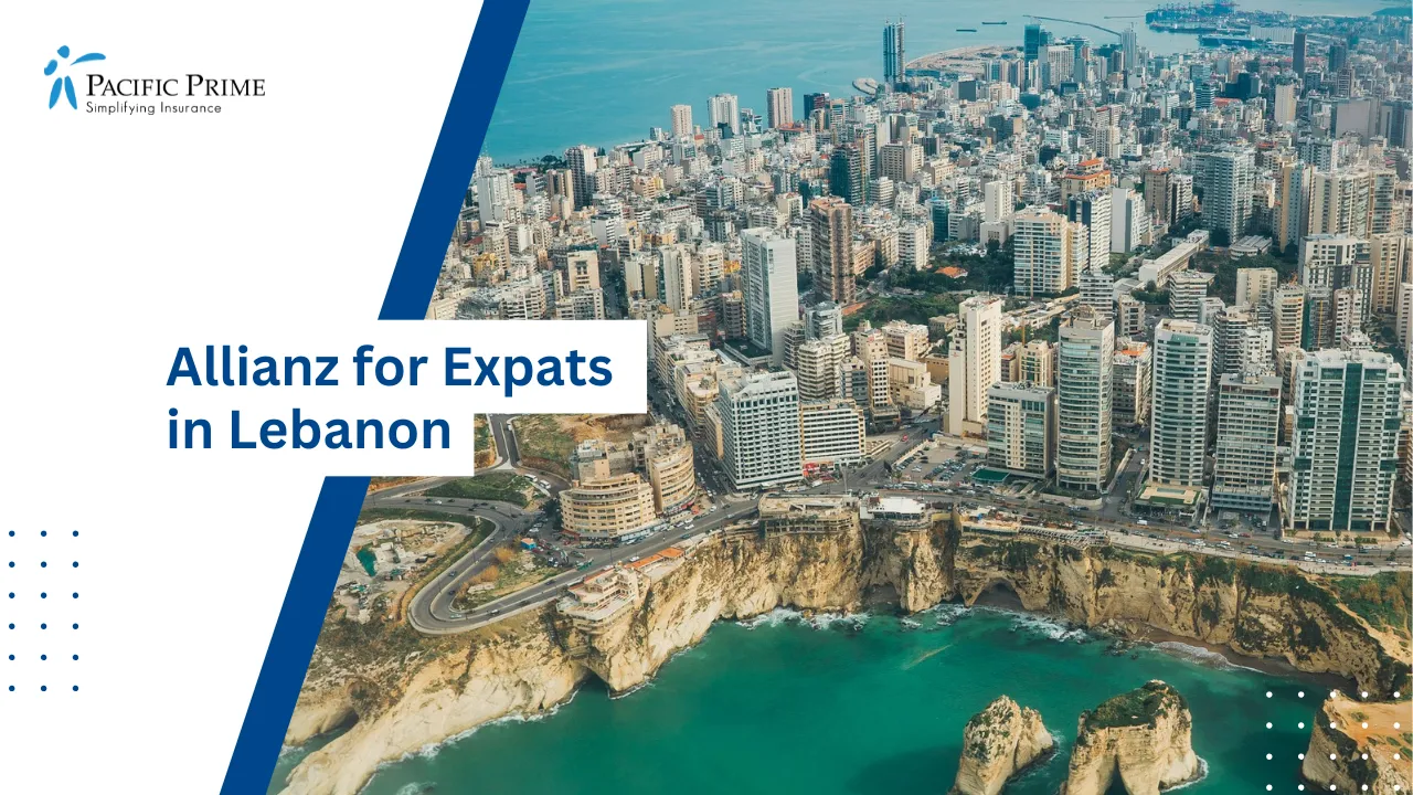 Image of Aerial Skyline View Of Beirut, Lebanon with text overlay of "Allianz for Expats in Lebanon"
