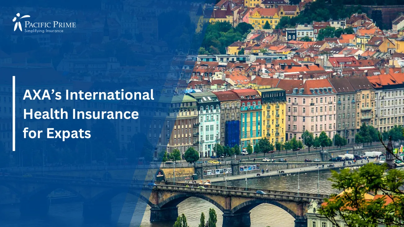 Image of Aerial View Of A Bridge Next To The City In Prague, Czech Republic with text overlay of "AXA’s International Health Insurance for Expats"