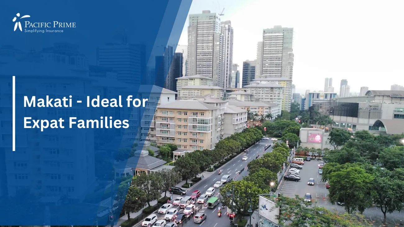 Image of Aerial View Of A Bustling Intersection In Makati, Philippines with text overlay of "Makati - Ideal for Expat Families"