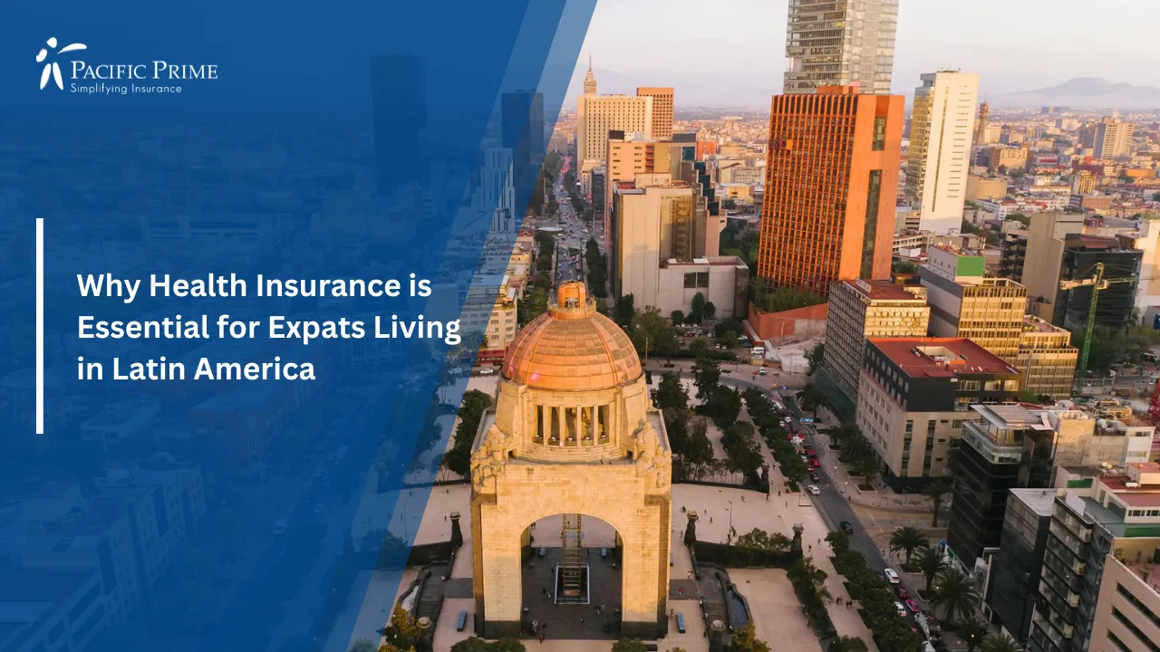 Image of Aerial View Of A Key Landmark In Central Mexico City with text overlay of "Why Health Insurance is Essential for Expats Living in Latin America"