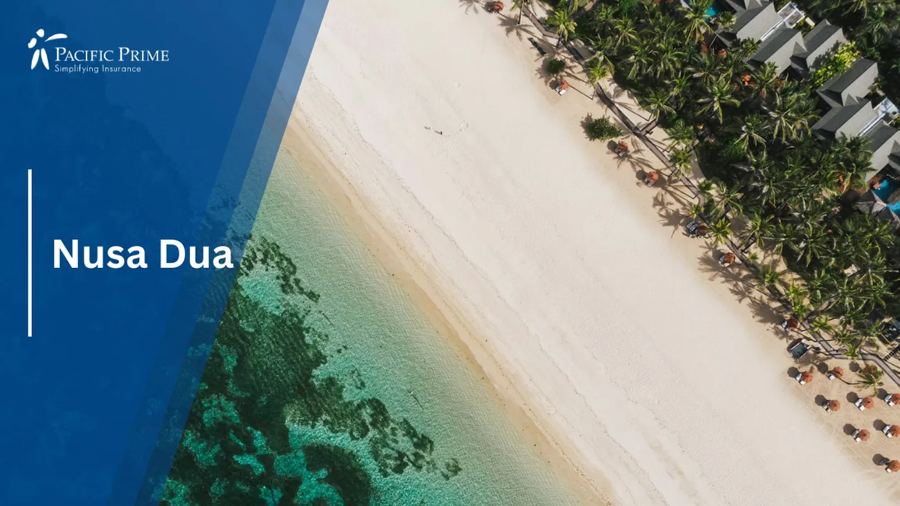 Image of Aerial View Of A Private Beach At Nusa Dua, Bali On A Sunny Day with text overlay of "Nusa Dua"