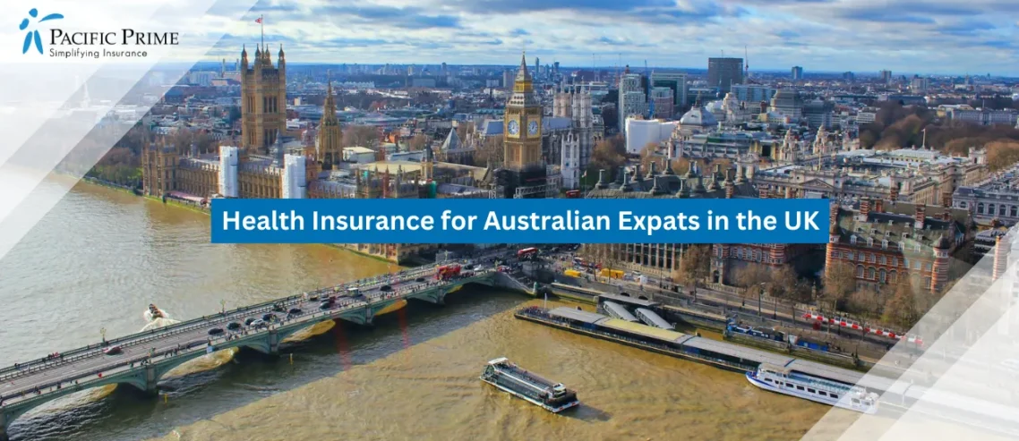 Image of Aerial View Of A River And Iconic Bridge Spanning Central London, UK with text overlay of "Health Insurance for Australian Expats in the UK"