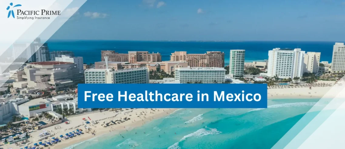 Image of Aerial View Of A Stunning Beach In Cancún, Mexico with text overlay of "Free Healthcare in Mexico"