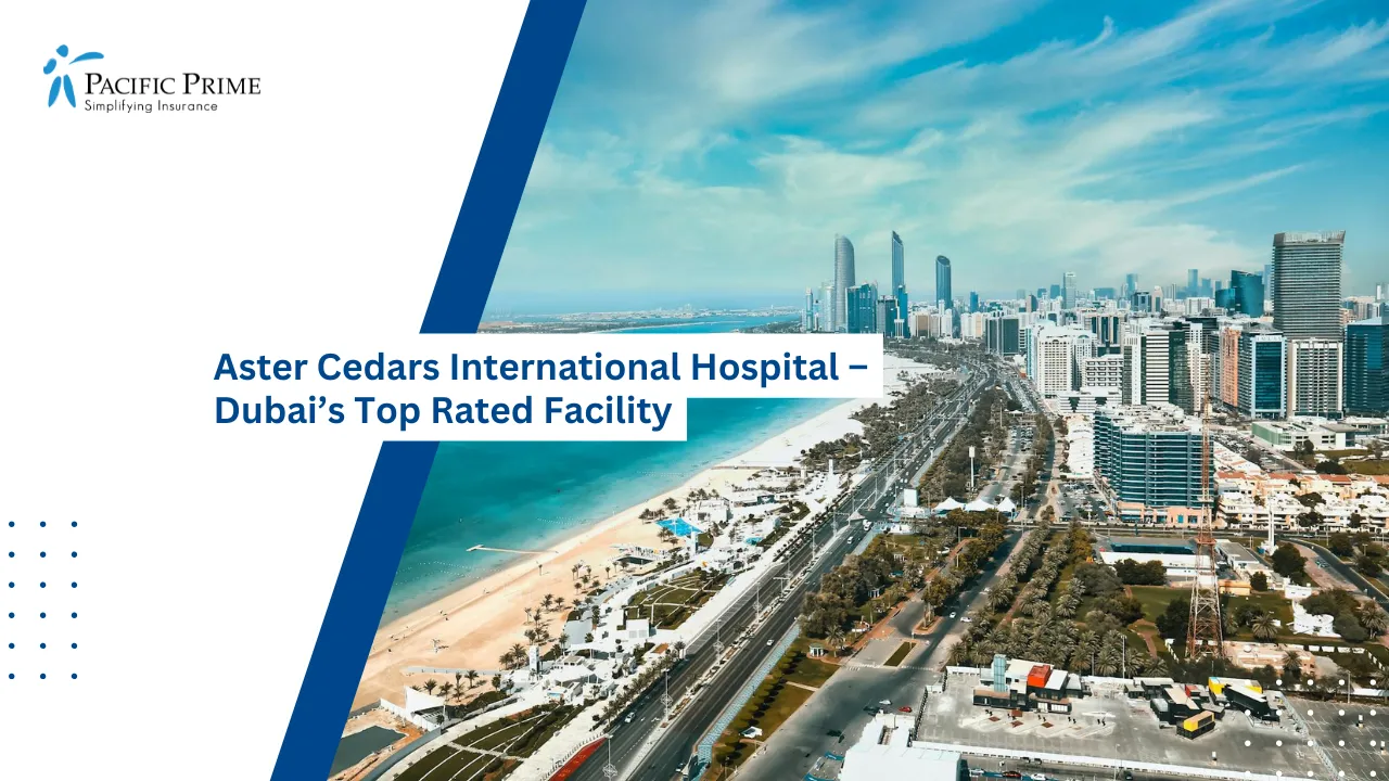 Image of Aerial View Of Abu Dhabi Cityscape With Modern Architecture with text overlay of "Aster Cedars International Hospital – Dubai’s Top Rated Facility"