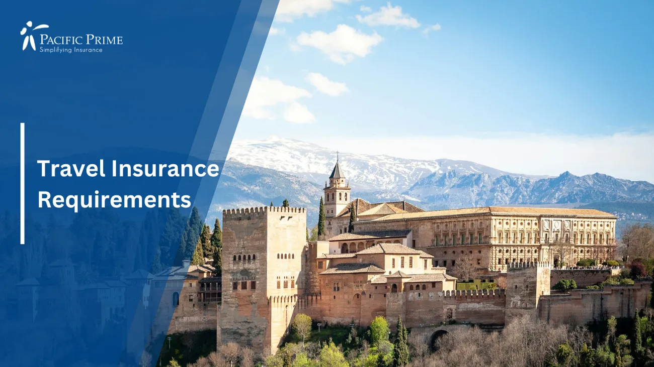 Image of Aerial View Of Alhambra Palace With Snowy Mountains In Granada Spring with text overlay of "Travel Insurance Requirements"