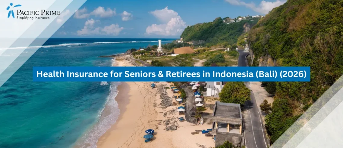 Image of Aerial View Of Bali’s Lighthouse, Sandy Beach, And Sweeping Coastline with text overlay of "Health Insurance for Seniors & Retirees in Indonesia (Bali) (2026)"