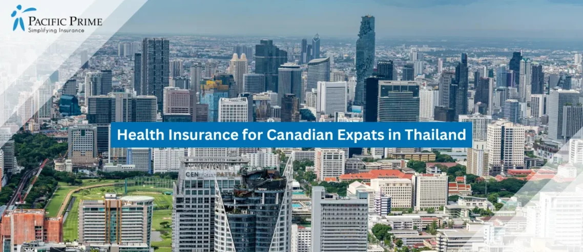 Image of Aerial View Of Bangkok Skyline With King Power Mahanakhon with text overlay of "Health Insurance for Canadian Expats in Thailand"