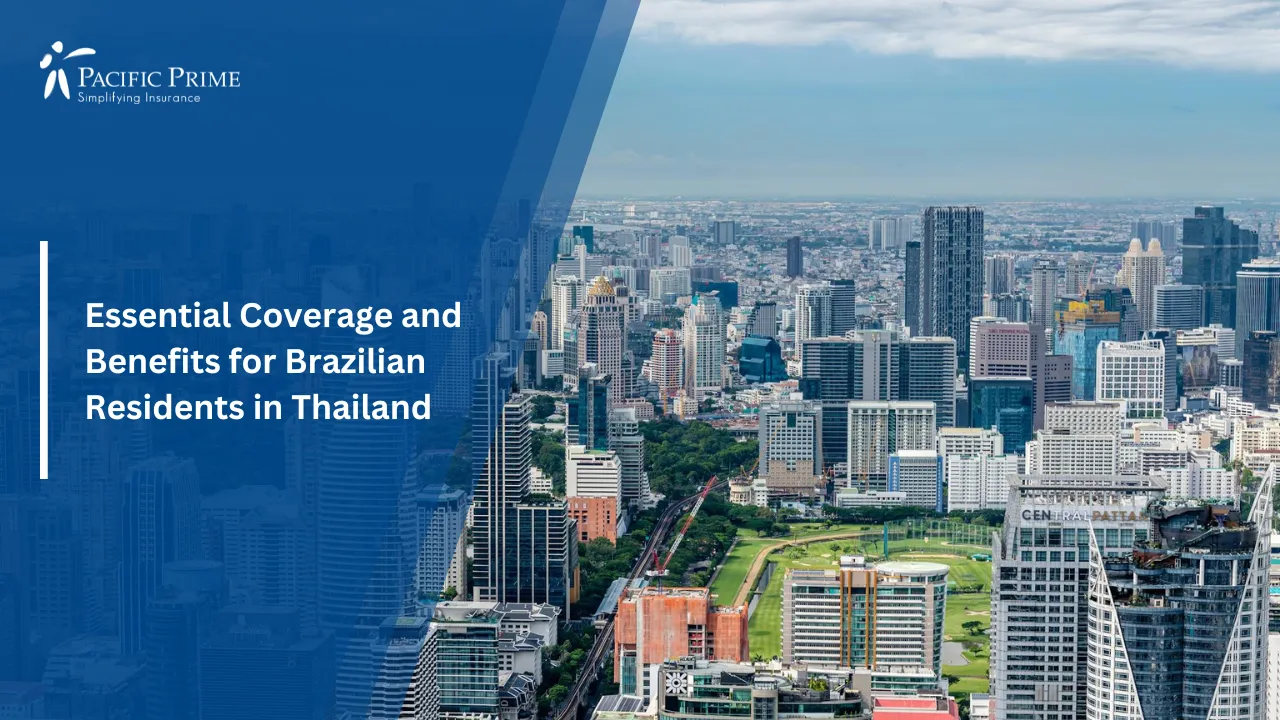 Image of Aerial View Of Bangkok Skyline With Modern Skyscrapers with text overlay of "Essential Coverage and Benefits for Brazilian Residents in Thailand"