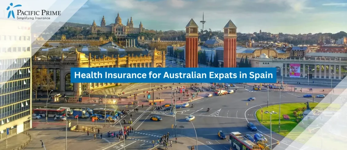 Image of Aerial View Of Barcelona Cityscape Near Spain Square Under A Clear Blue Sky with text overlay of "Health Insurance for Australian Expats in Spain"
