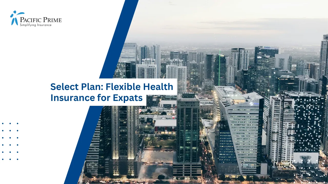 Image of Aerial View Of Bonifacio Global City With Modern Buildings In Daylight with text overlay of "Select Plan: Flexible Health Insurance for Expats"