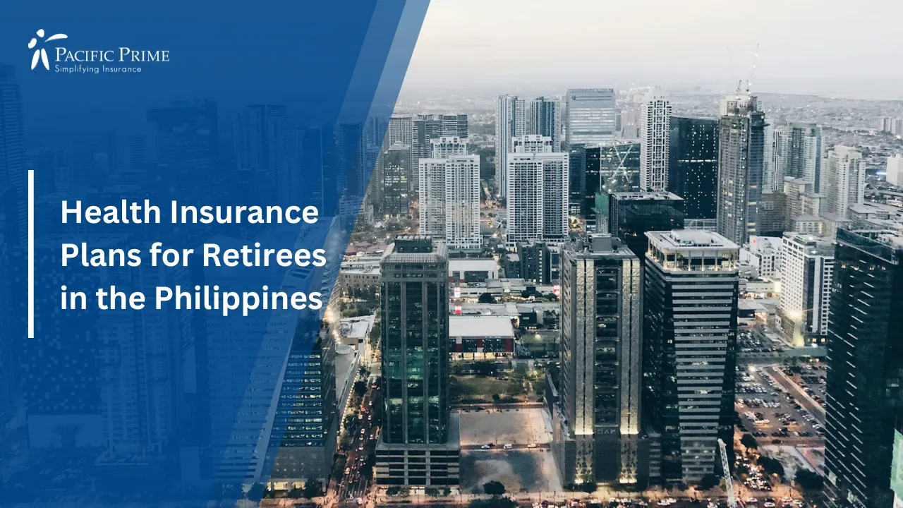 Image of Aerial View Of Bonifacio Global City With Modern Buildings In Daylight with text overlay of "Health Insurance Plans for Retirees in the Philippines"