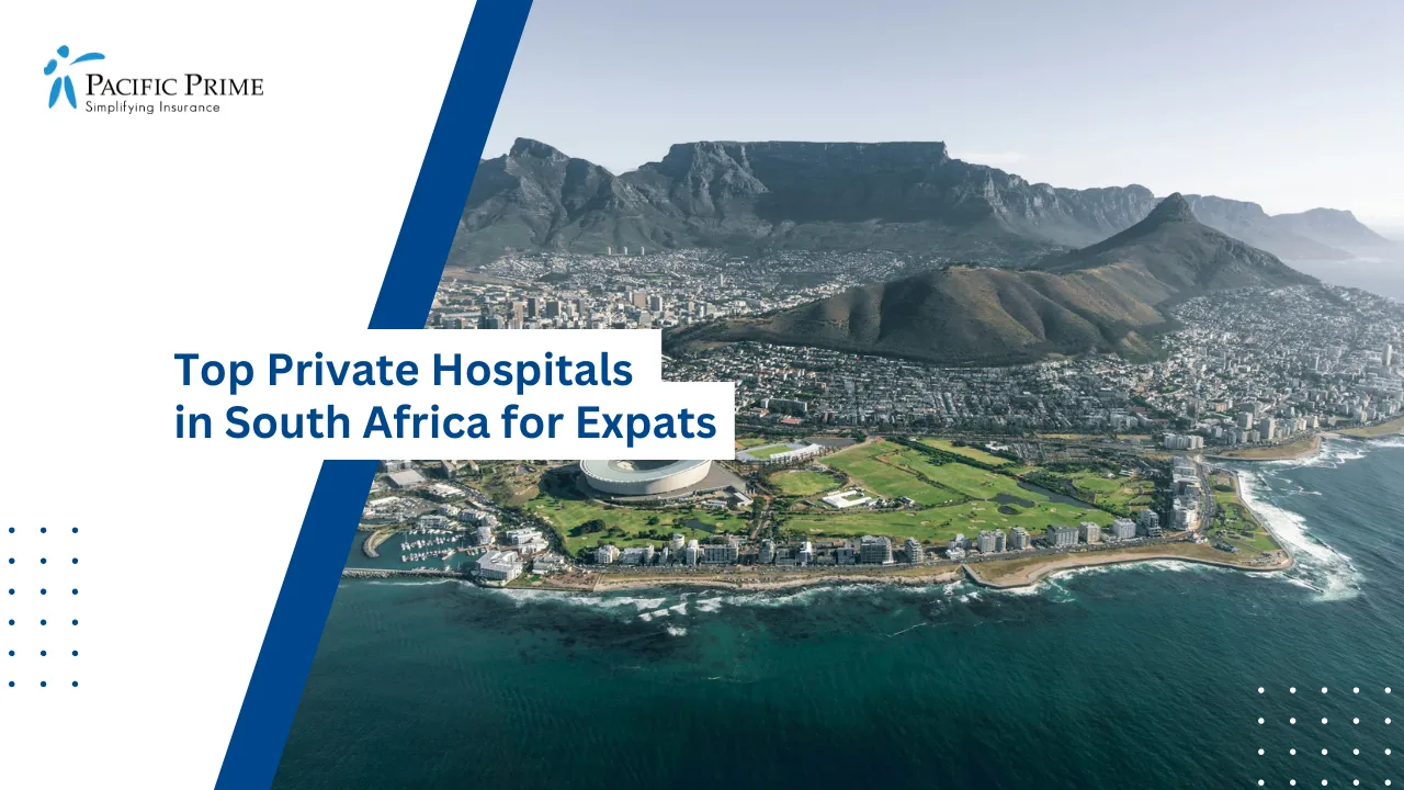 Image of Aerial View Of Cape Town City With Mountain Backdrop In Daylight with text overlay of "Top Private Hospitals in South Africa for Expats"
