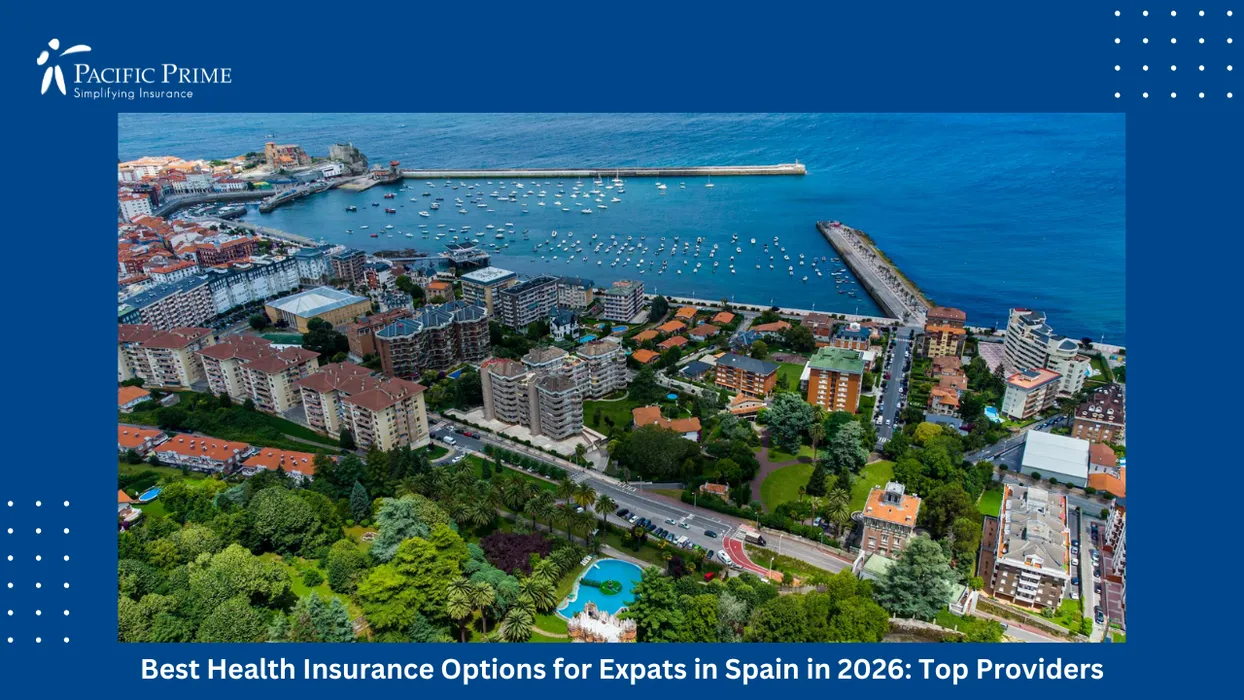 Image of Aerial View Of Castro Urdiales Coastline, Marina, And Town Buildings with text overlay of "Best Health Insurance Options for Expats in Spain in 2026: Top Providers"