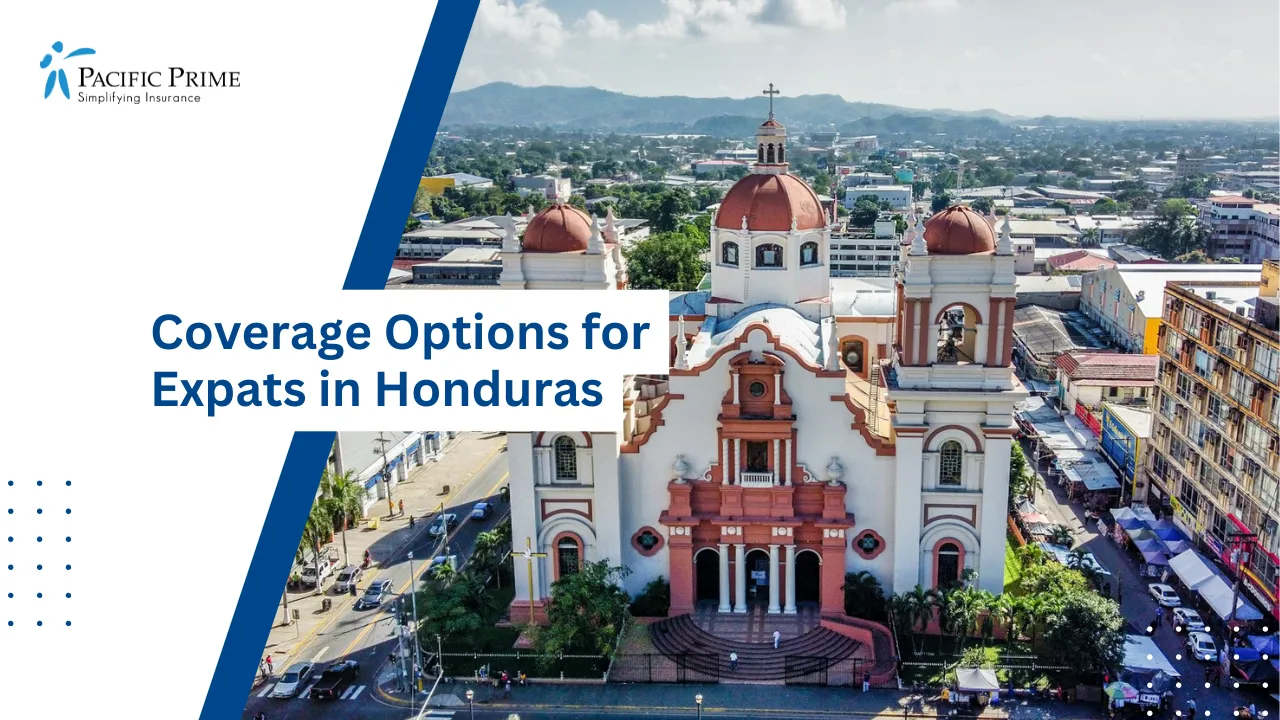 Image of Aerial View Of Catedral De San Pedro Sula Surrounded By City Streets with text overlay of "Coverage Options for Expats in Honduras"