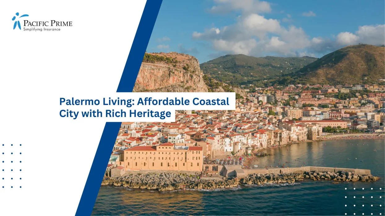 Image of Aerial View Of Cefalù’s Historic Town And Coastline Along The Northern Sicilian Shore with text overlay of "Palermo Living: Affordable Coastal City with Rich Heritage"