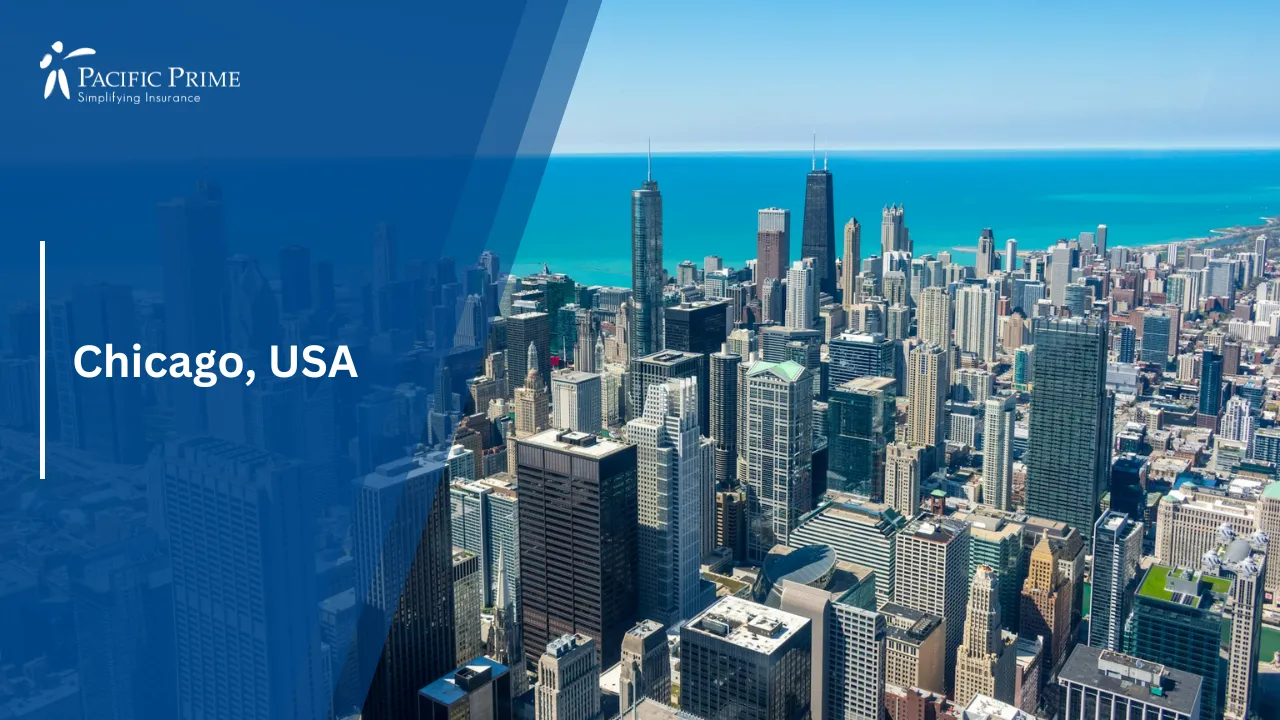 Image of Aerial View Of Chicago&rsquo;s Downtown Skyline Near Willis Tower with text overlay of "Chicago, USA"