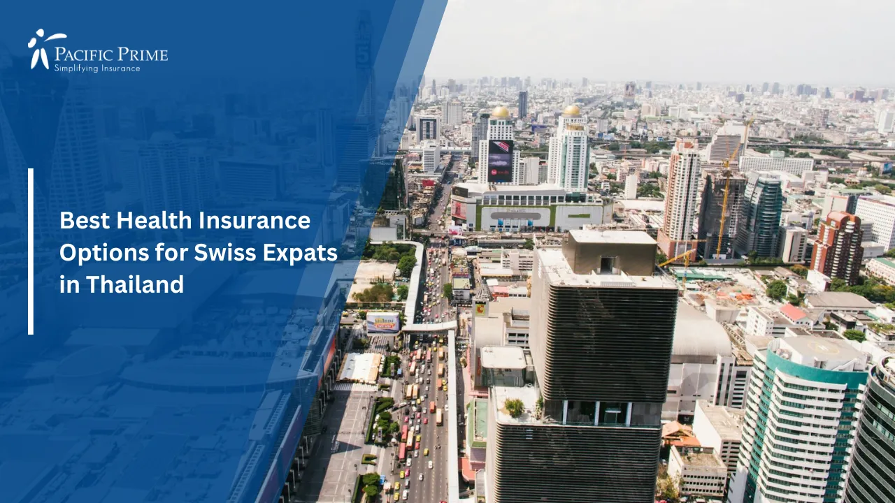 Image of Aerial View Of City Buildings In Bangkok, Thailand with text overlay of "Best Health Insurance Options for Swiss Expats in Thailand"