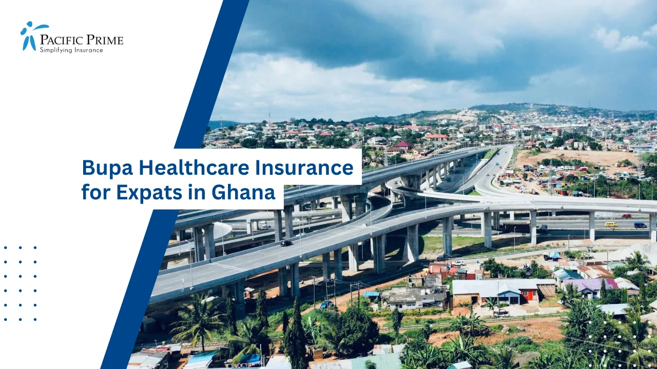 Image of Aerial View Of City Buildings In Kwabenya, Greater Accra with text overlay of "Bupa Healthcare Insurance for Expats in Ghana"