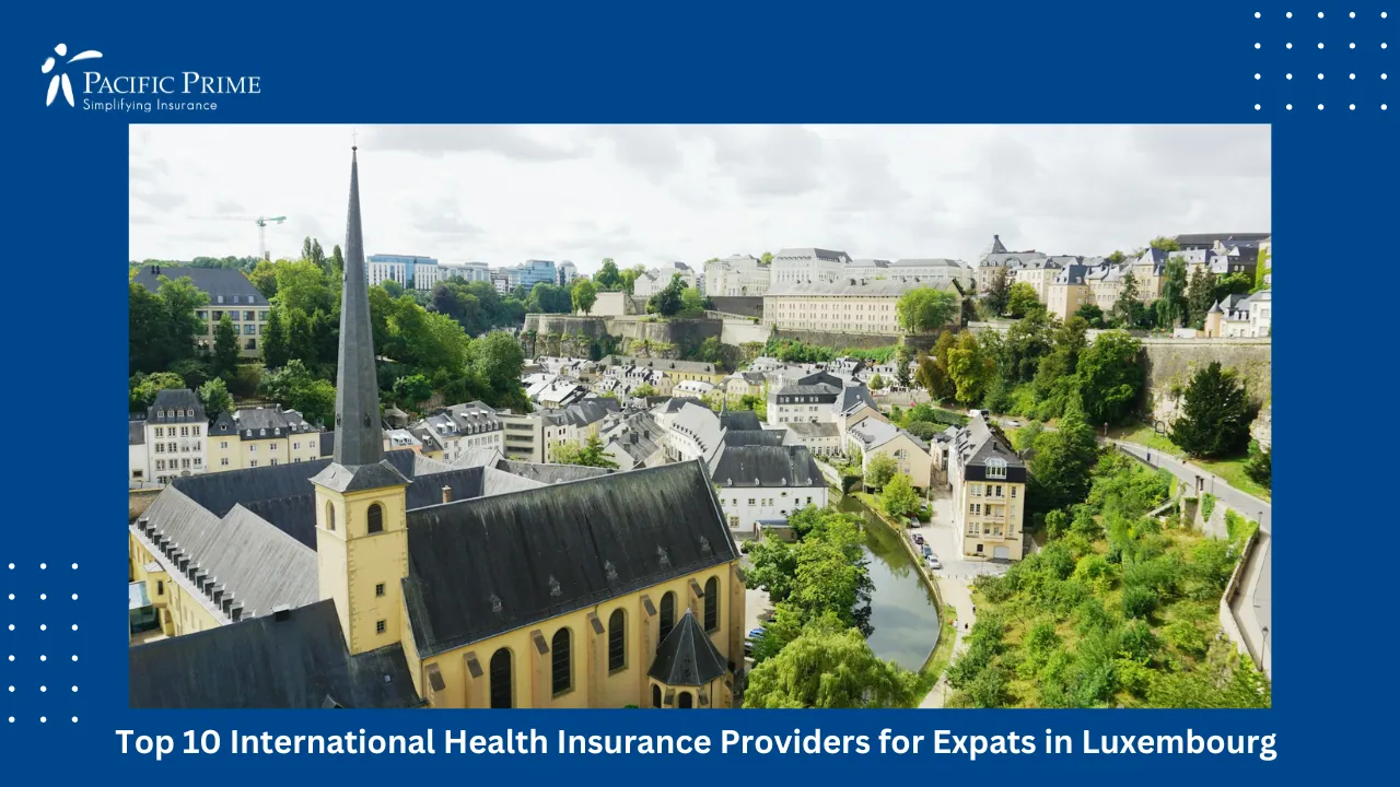 Image of Aerial View Of City Buildings In Luxembourg During Daytime with text overlay of "Top 10 International Health Insurance Providers for Expats in Luxembourg"