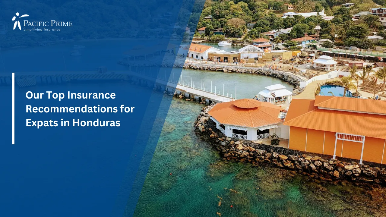 Image of Aerial View Of Coastal Docks And Turquoise Waters In Coxen Hole, Honduras with text overlay of "Our Top Insurance Recommendations for Expats in Honduras"