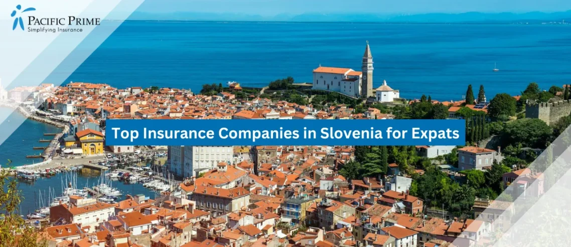 Image of Aerial View Of Coastal Town Piran, Slovenia with text overlay of "Top Insurance Companies in Slovenia for Expats"