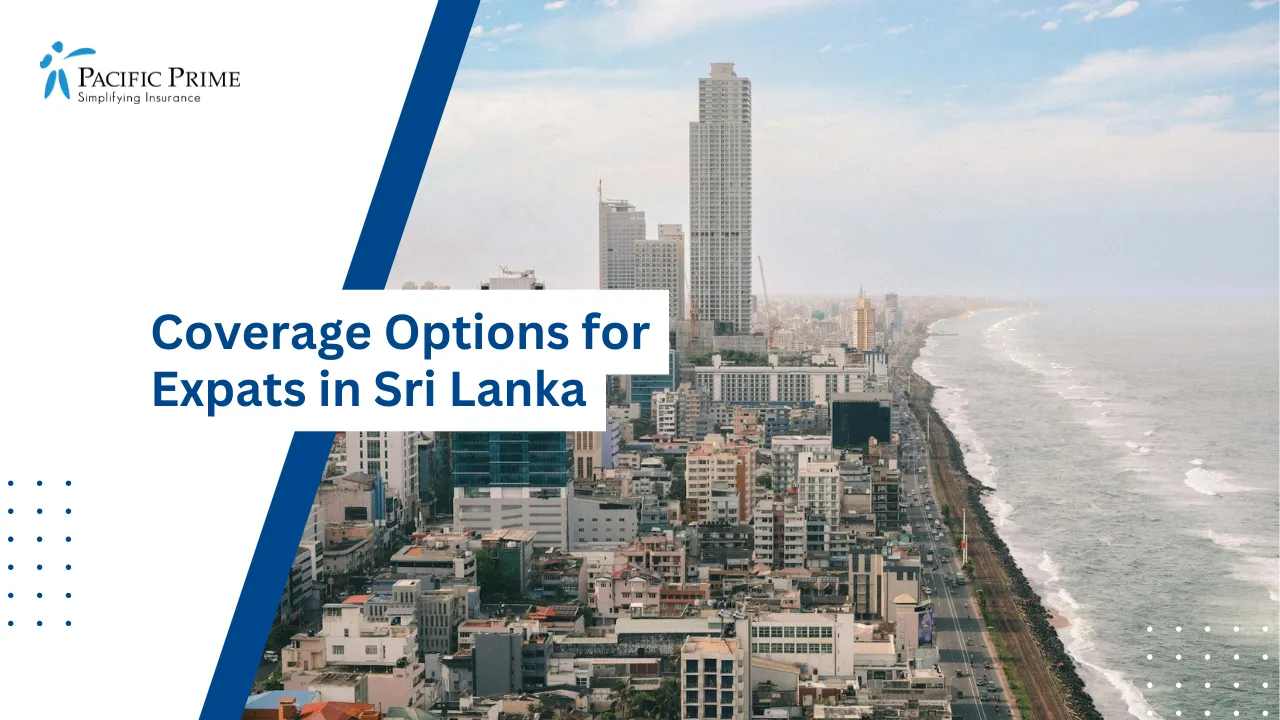 Image of Aerial View Of Colombo’s Coastal Skyline Along The Indian Ocean with text overlay of "Coverage Options for Expats in Sri Lanka"