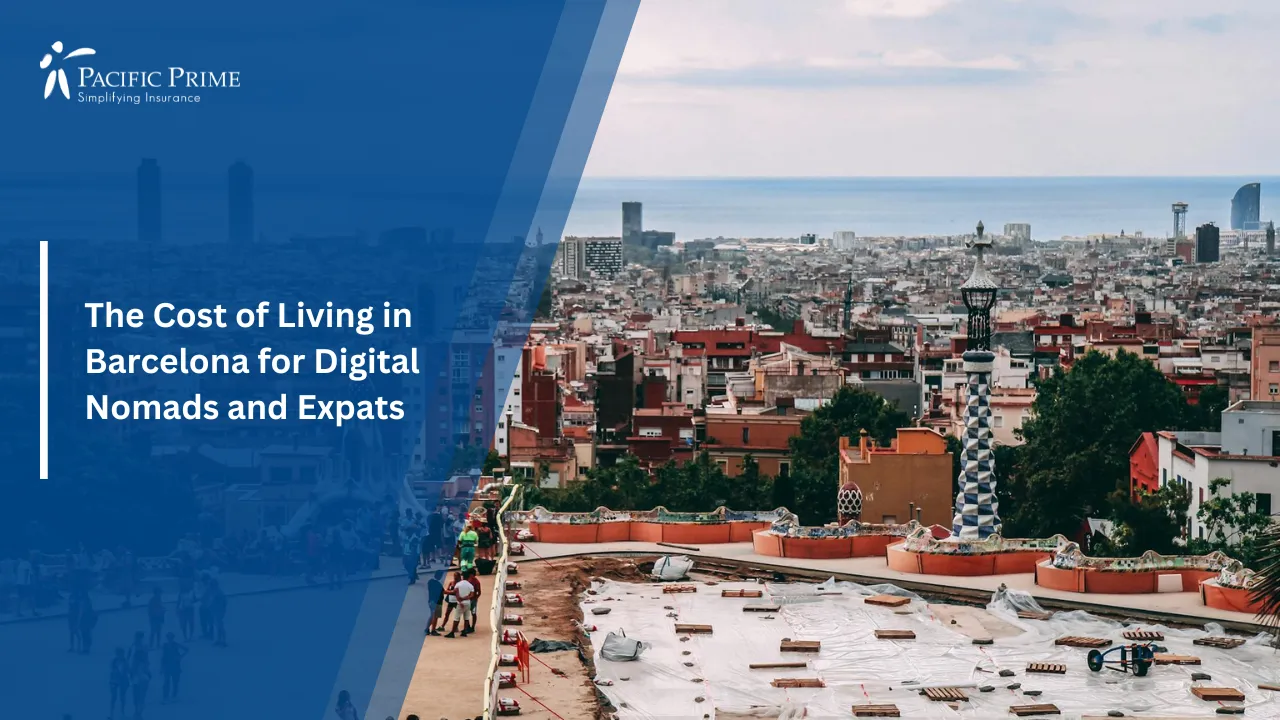 Image of Aerial View Of Crowd Gathering In Barcelona City with text overlay of "The Cost of Living in Barcelona for Digital Nomads and Expats"