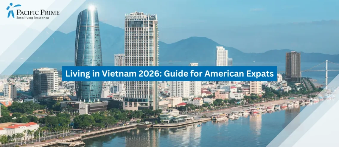 Image of Aerial View Of Downtown Da Nang With City Skyline And River In Vietnam with text overlay of "Living in Vietnam 2026: Guide for American Expats"