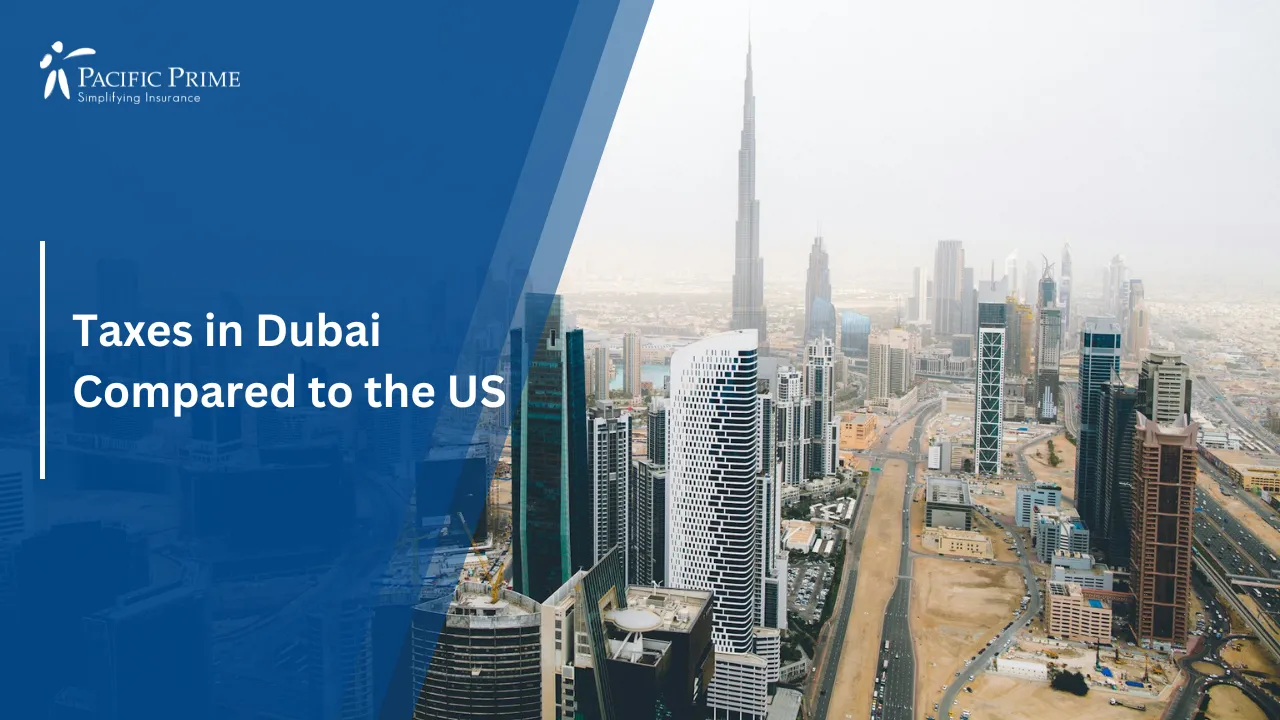 Image of Aerial View Of Dubai Cityscape With Modern Buildings In Daylight with text overlay of "Taxes in Dubai Compared to the US"