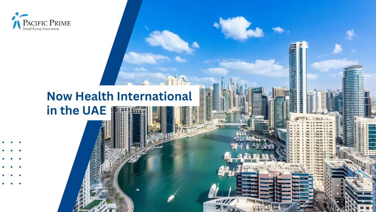 Image of Aerial View Of Dubai Cityscape With River Running Through Urban Area with text overlay of "Now Health International in the UAE"