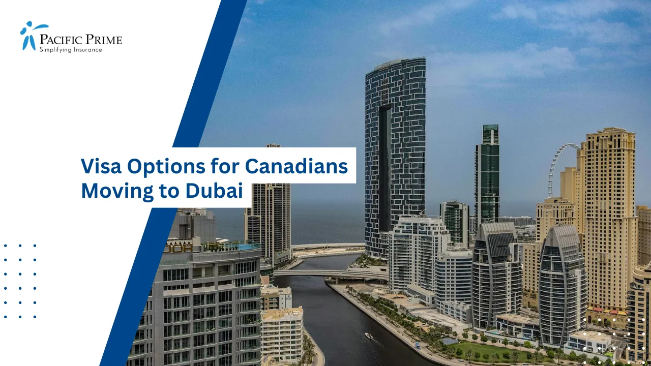 Image of Aerial View Of Dubai Marina Skyline with text overlay of "Visa Options for Canadians Moving to Dubai"