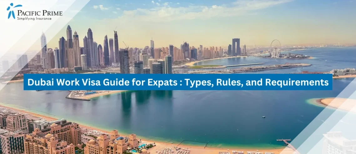 Image of Aerial View Of Dubai Marina With High-rise Buildings And Waterfront Walkway with text overlay of "Dubai Work Visa Guide for Expats : Types, Rules, and Requirements"