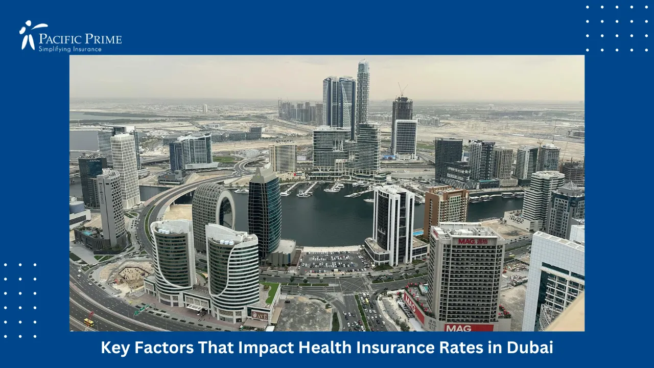 Image of Aerial View Of Dubai Marina With Modern Skyscrapers And Waterfront Scenery with text overlay of "Key Factors That Impact Health Insurance Rates in Dubai"