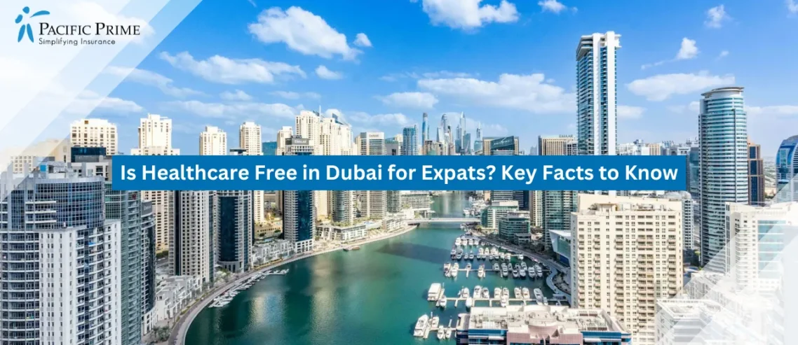 Image of Aerial View Of Dubai Marina With River And City Skyline with text overlay of "Is Healthcare Free in Dubai for Expats? Key Facts to Know"