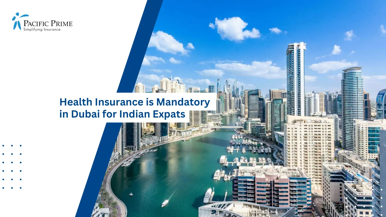 Image of Aerial View Of Dubai Marina With River Running Through The City with text overlay of "Health Insurance is Mandatory in Dubai for Indian Expats"